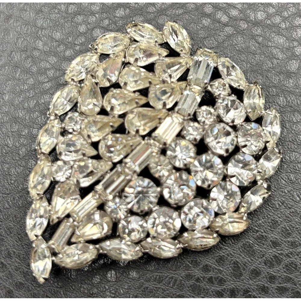Vintage Huge Large Clear Rhinestone Leaf Brooch Pin GORGEOUS